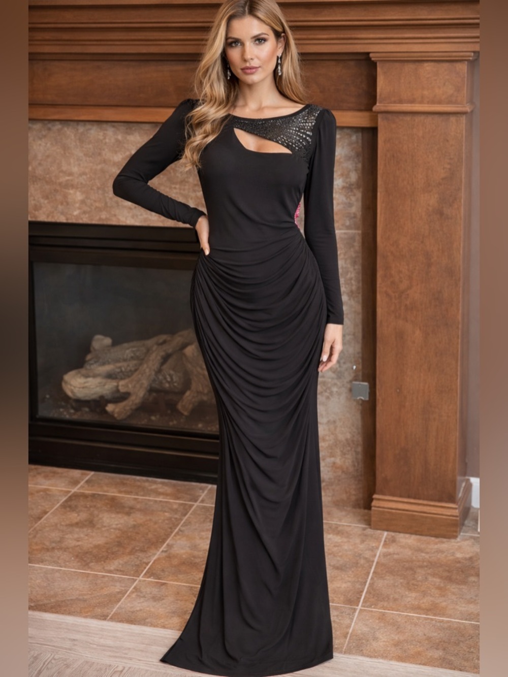 Black Long Sleeve Ruched Formal Evening Gown Adrianna Papell Cocktail NWT 8